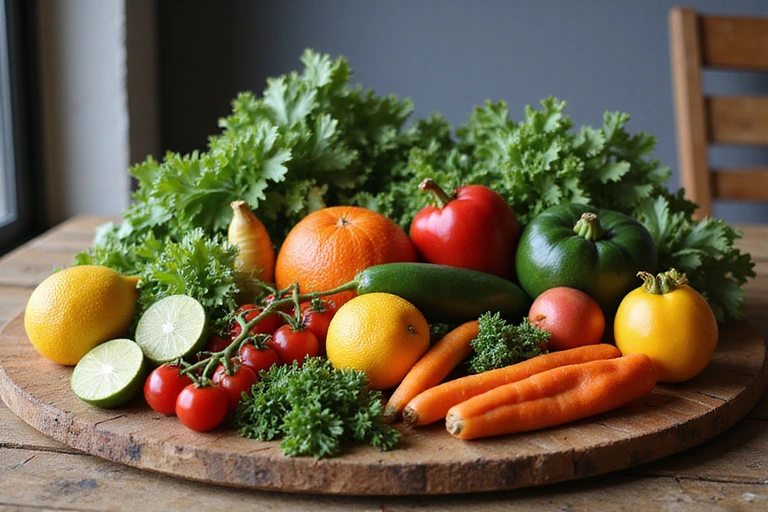 Świeże warzywa i owoce na stole kuchennym, symbolizujące zdrową dietę wegańską